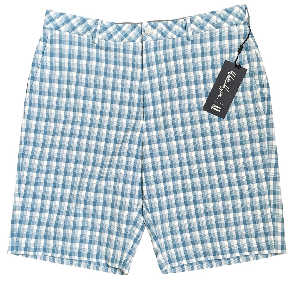 Walter Hagen 11 Majors Brush Stroke Shorts Mens 34 Blue Gingham Flat Front Golf